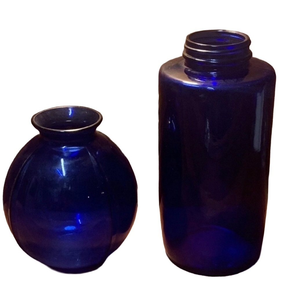 Vintage Mid Century Deco Cobalt Blue Vase  & 7” Cobalt Bottle